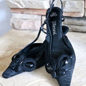 J. Renee Black Pleated Fabric Embellished Sling Back  8-½